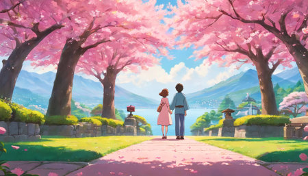 Cherry blossom season in Japan, couple in love walking in the park.の素材