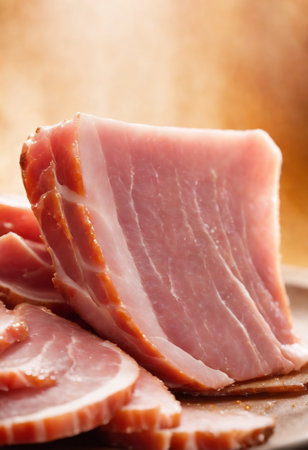 Slices of ham on a plate. Selective focus.の素材