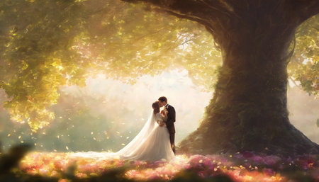 Wedding couple in love in the autumn forest. Romantic scene.の素材