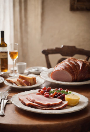 Rustic table setting with ham, cheese and wine. Selective focusの素材