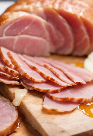 Slices of smoked ham on a wooden cutting board closeupの素材