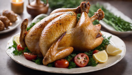 Roast chicken with vegetables and lemon on a plate, selective focusの素材