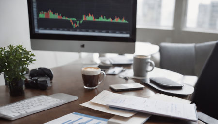 Businessman analyzing investment charts on computer monitor. Business and finance conceptの素材