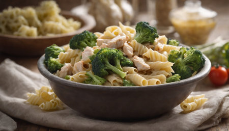 Pasta with chicken and broccoli in a bowl on wooden table.の素材