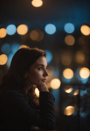 Portrait of a beautiful girl in a cafe on the background of the night city.の素材
