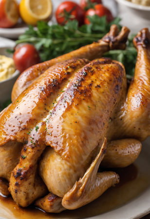 Roasted chicken with lemon and parsley on a plate, closeupの素材