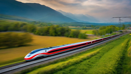 High speed train moves fast on the highway. Motion blur effect.の素材