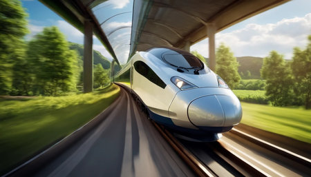 High speed train on the road in motion blur. 3d renderingの素材
