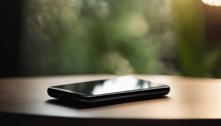 Smartphone on wood table with bokeh background, stock photoの素材