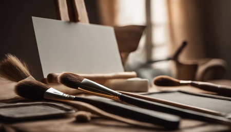 Makeup brushes on a wooden table in a beauty studio with a blank sheet of paperの素材