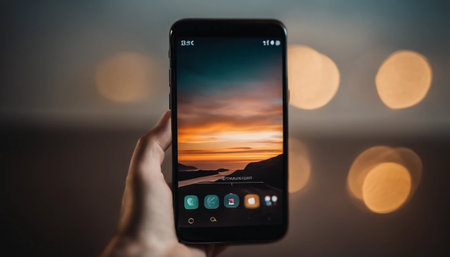 Hands holding smart phone with sunrise on screen. Blurred backgroundの素材