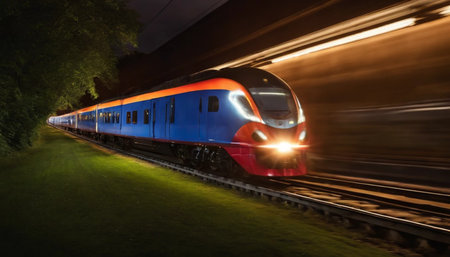 High speed train in motion at night. Railway with motion blur.の素材