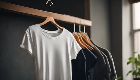 White t-shirt hanging on wooden hanger in modern dressing roomの素材