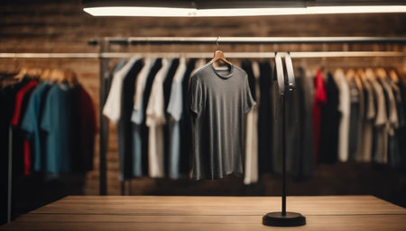 Clothing store. Black t-shirt hanging on clothes hangerの素材