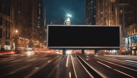 Blank black billboard on the street at night. 3d renderingの素材