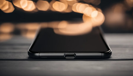 Smartphone on a wooden table with blurred lights in the background.の素材