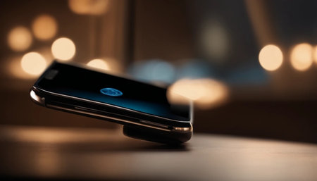 Smartphone on the table in the dark with bokeh background.の素材