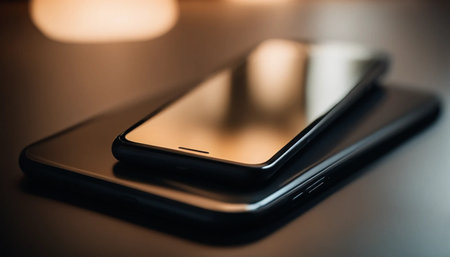 Close up of modern smart phone with blank screen on wooden table.の素材