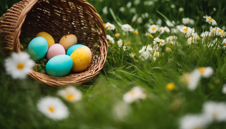 Colorful easter eggs in basket on green grass with daisiesの素材
