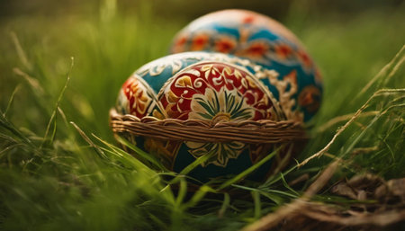 Painted easter eggs in the grass. Selective focus.の素材