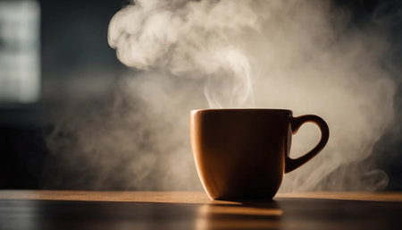 Coffee cup with steam on wooden table in dark room.の素材