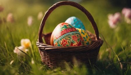 Wicker basket with painted easter eggs on green grass in springの素材