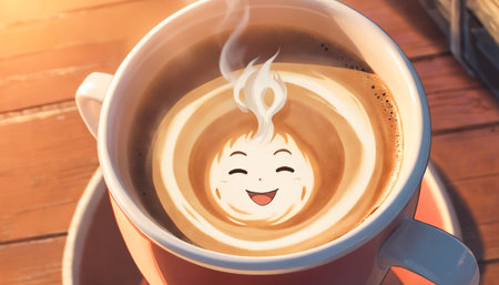 Coffee cup with smiley face on wooden table in coffee shopの素材