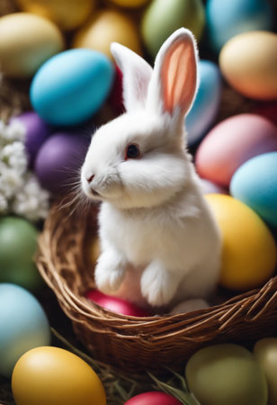 Easter bunny and easter eggs on a rustic background.の素材