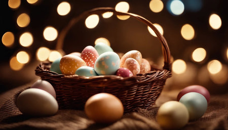 Colorful easter eggs in a basket with bokeh backgroundの素材