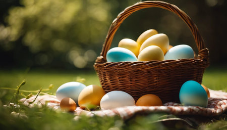 Easter eggs in a basket on a green grass in the gardenの素材