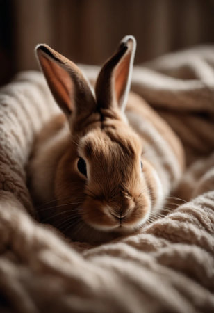 Cute little bunny on soft blanket, closeup. Easter celebrationの素材