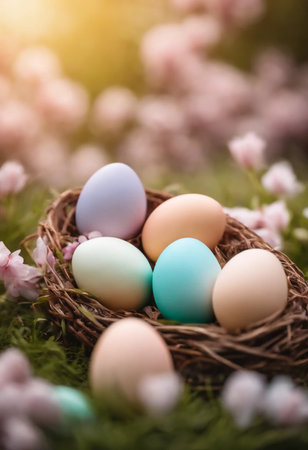 Colorful easter eggs in nest on green grass with pink flowers backgroundの素材