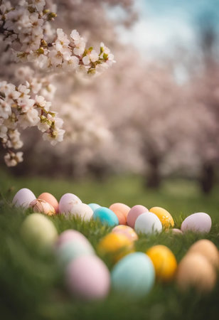 Colorful Easter eggs and spring blossom on green grass in gardenの素材