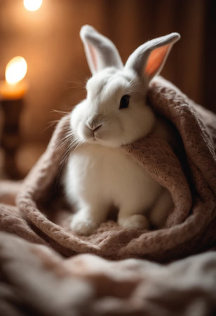 Cute little bunny with soft blanket on bed at home, closeupの素材