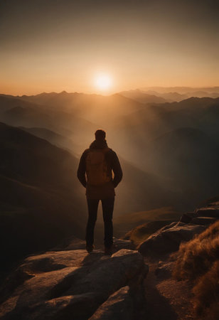 Hiker with backpack standing on top of a mountain and looking at the sunriseの素材