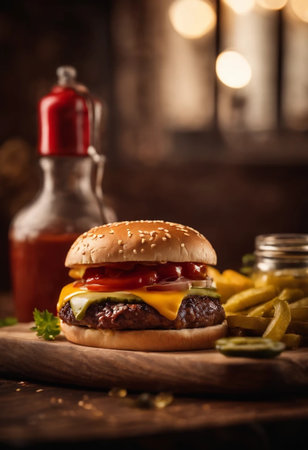 Cheese burger - American cheese burger with Golden French fries and ketchupの素材