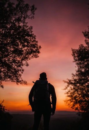 Silhouette of a man with a backpack on the background of a beautiful sunsetの素材