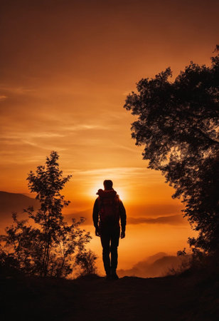 Silhouette of a hiker in the mountains at sunset.の素材