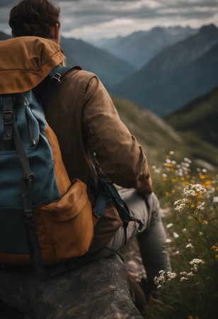 Hiker with backpacks sitting on top of a mountain and enjoying the viewの素材