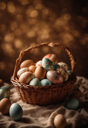 Easter eggs in a basket on a brown background with bokehの素材