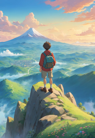 Hiker with backpack standing on the top of a mountain and looking at the beautiful sunriseの素材