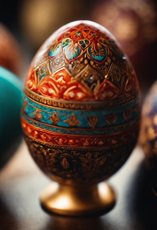 Painted Easter eggs on a wooden table. Selective focus.の素材