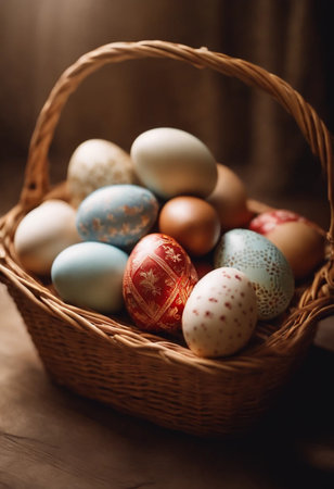 Easter eggs in a basket on a rustic wooden background.の素材