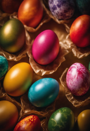 Colorful Easter eggs in a paper box on a wooden background.の素材