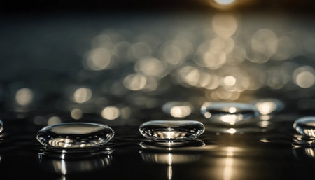 Water drops on black background with bokeh, shallow depth of fieldの素材
