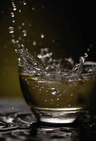 Water splash in a glass of whiskey on black background. Close up.の素材