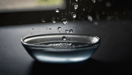 Close up of water drop falling into glass bowl with black background.の素材