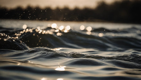 Waves on the surface of the lake at sunset. Shallow depth of fieldの素材