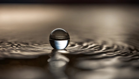 Water drop on a wet surface with ripples and reflection in the waterの素材
