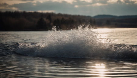 Splashes of water on the surface of the lake in the rays of the setting sunの素材